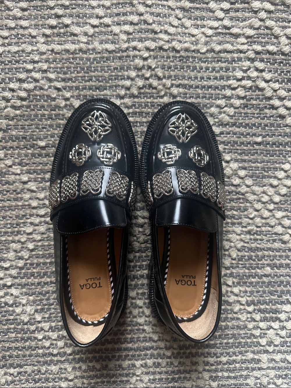 TOGA Pulla Black Patent Leather Loafers with Silver Embellishments